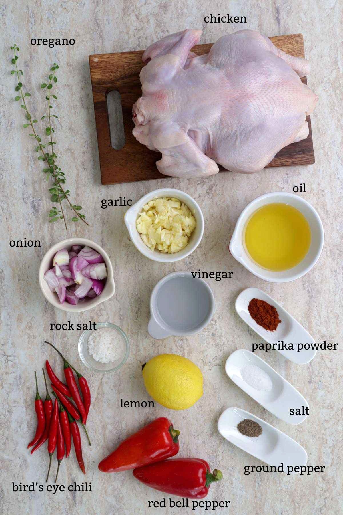 Ingredients needed for Peri peri chicken.